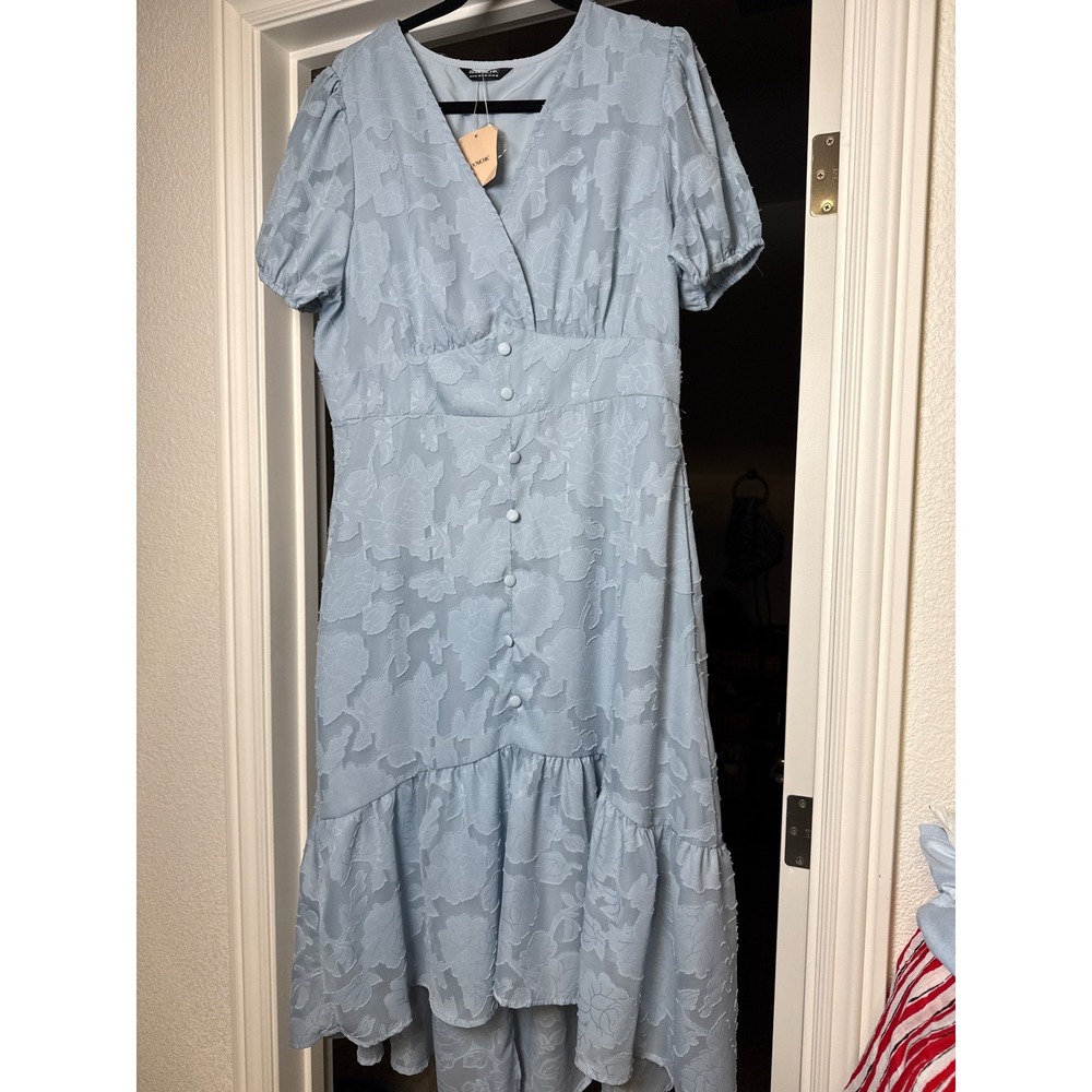 Babydoll Blue Floral Jacquard High/Low Midi Dress V-Neck Chic Puff Sleeve NWT - Picture 2 of 6